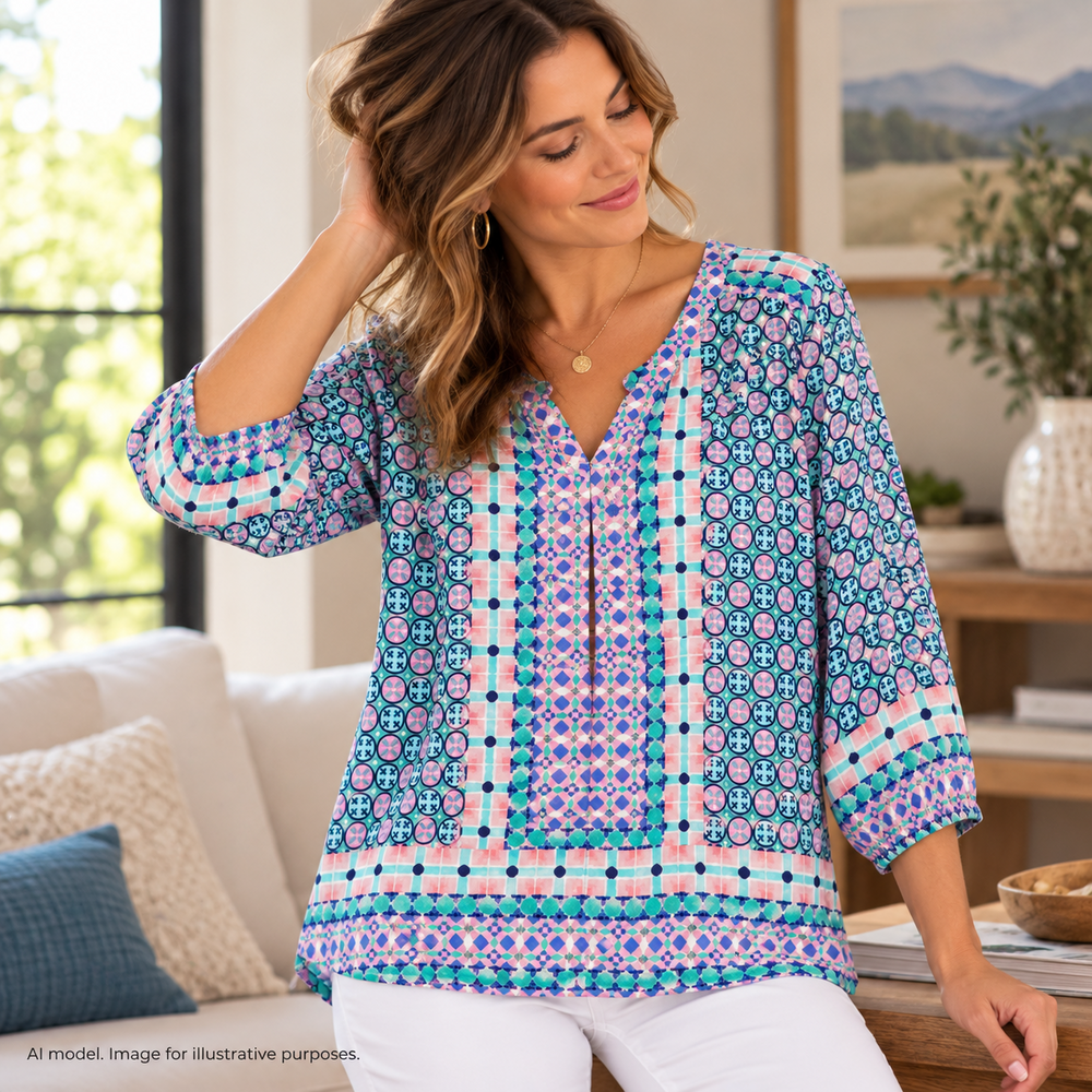 Southern Tide Shirt Womens M Blue Pink Sand Dollar Geo Flowy Tunic Cruise Wear